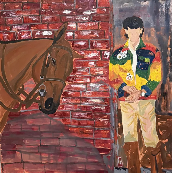 At the Stables, oil on canvas, 2025, by Ayesha Abbas Khan