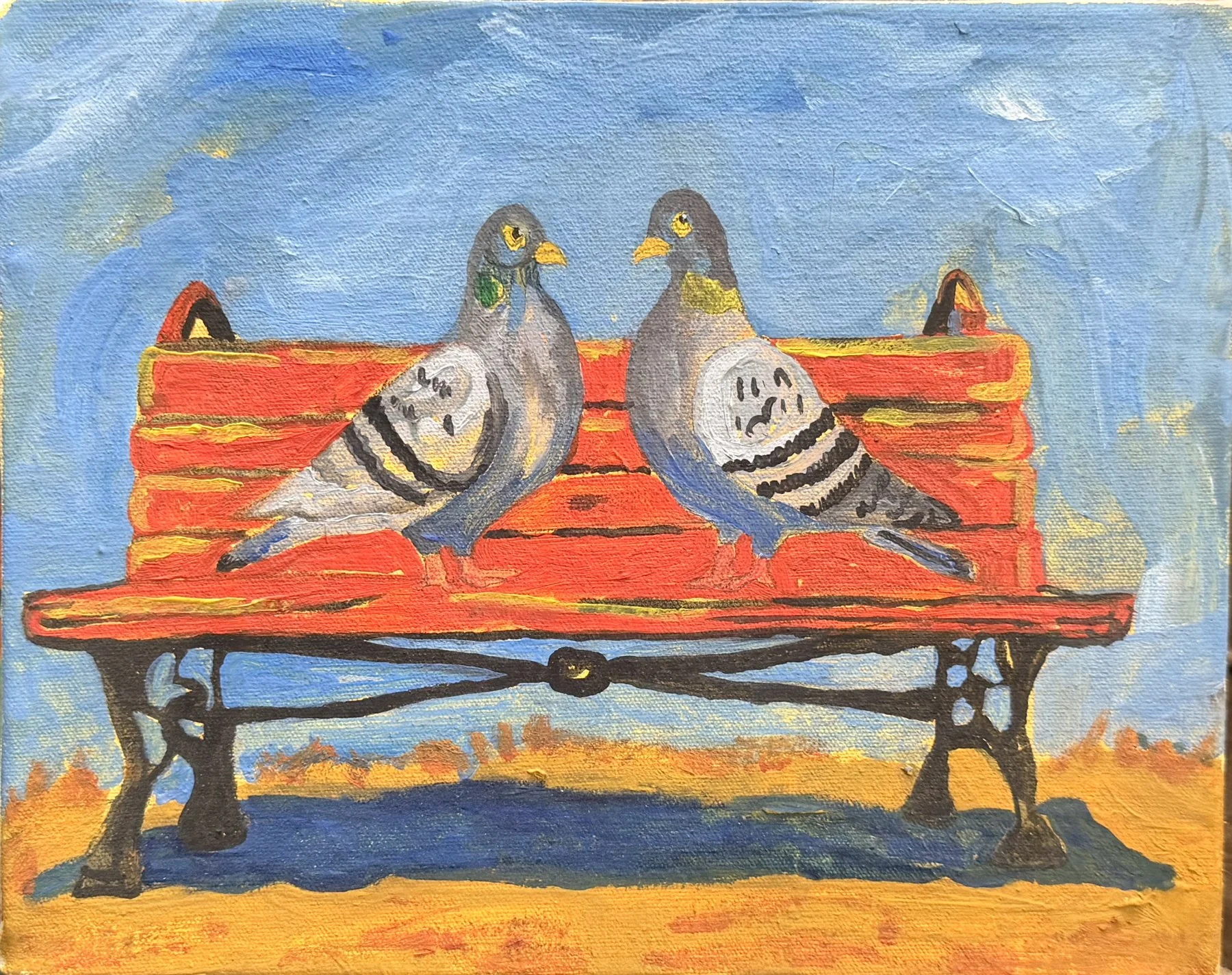 Bench Talk, oil on canvas, 2026, by Ayesha Abbas Khan