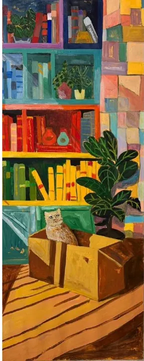 Purrfect Reading Nook, oil on canvas, 2026, by Ayesha Abbas Khan