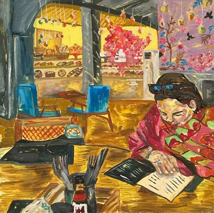 The Café II, oil on canvas, 2023, by Ayesha Abbas Khan