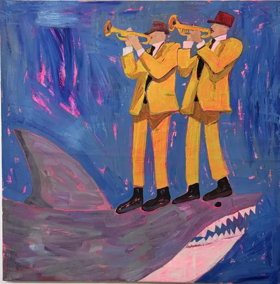 Trumpets Over Water, oil on canvas, 2026, by Ayesha Abbas Khan