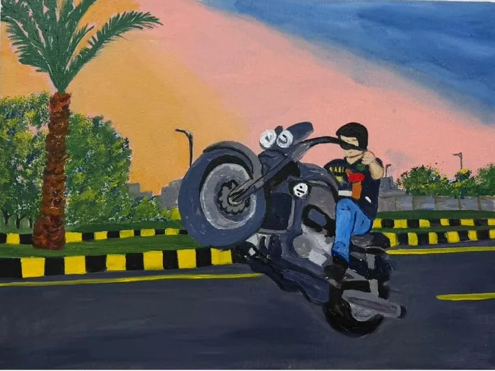 Wheelie, oil on canvas, 2026, by Ayesha Abbas Khan